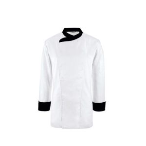 Куртка поварская на кнопках, белая с контрастной черной отделкой, ткань 65% PES, 35% CO, длиный рукав
